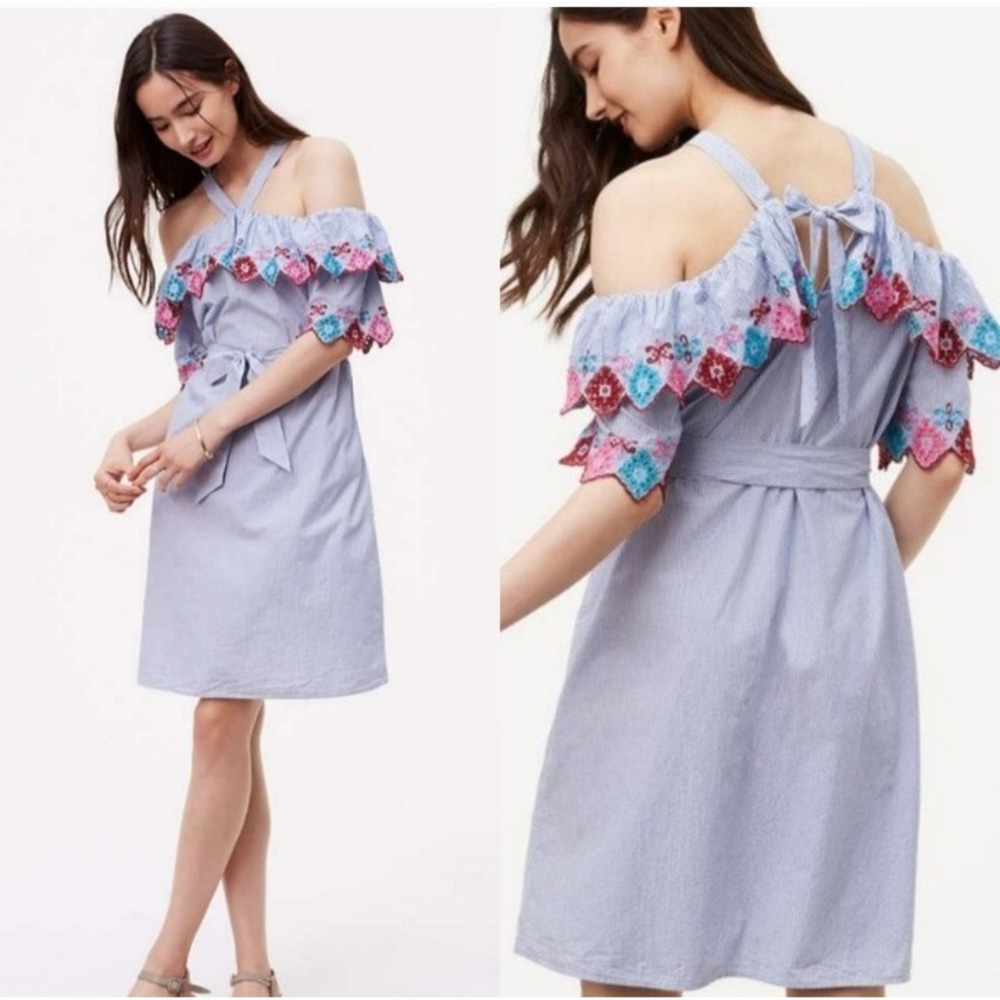 Loft Fiesta Women Cold‎ Shoulder Ruffle Halter Dress Striped Embroidered Medium